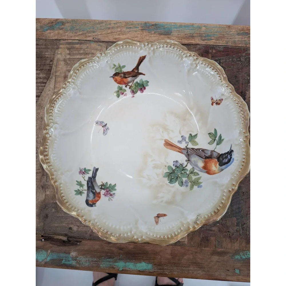 Vintage Leuchtenburg Germany Porcelain Birds Butterfly GoldTrim Lusterware Bowl